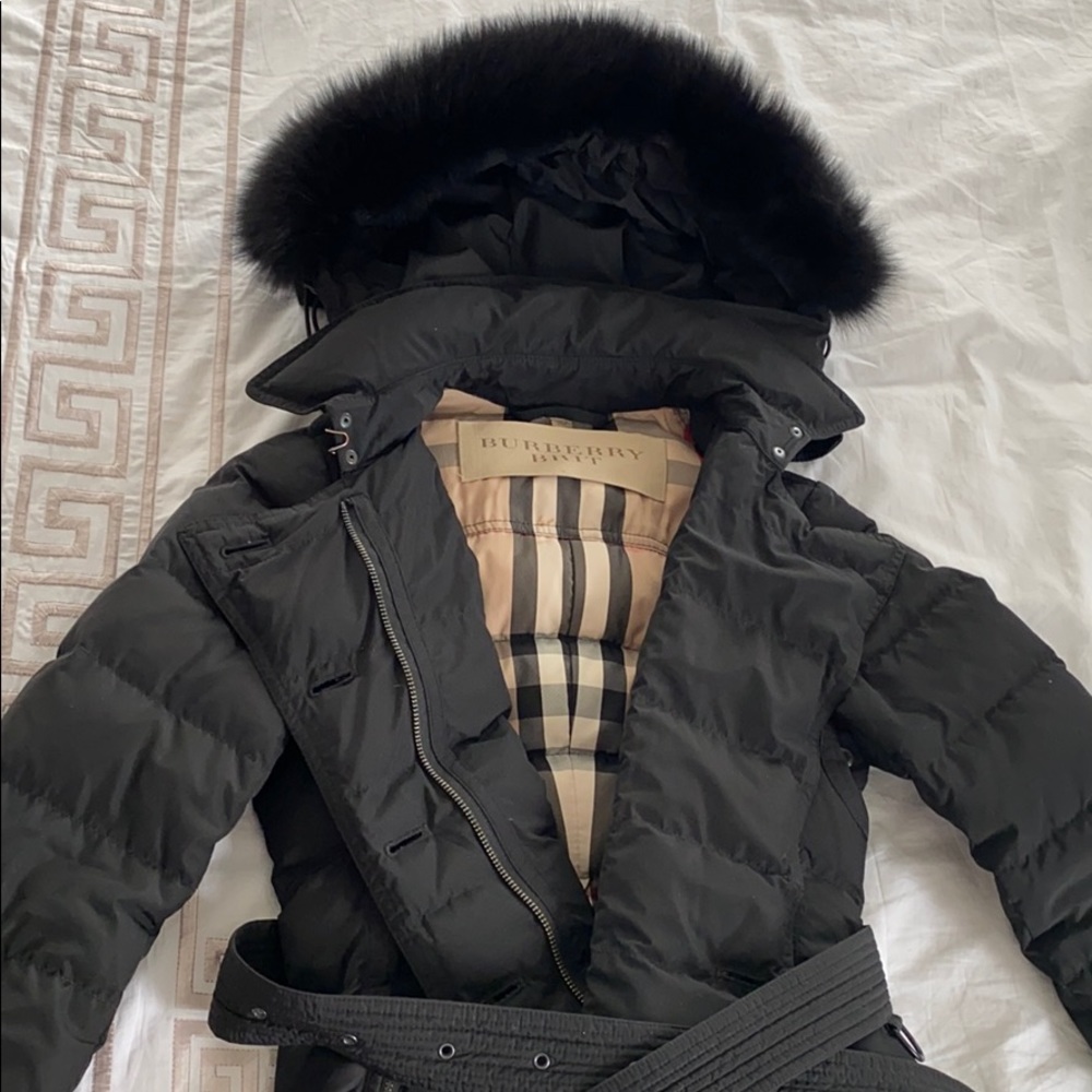Burberry jacket with removable hood.
